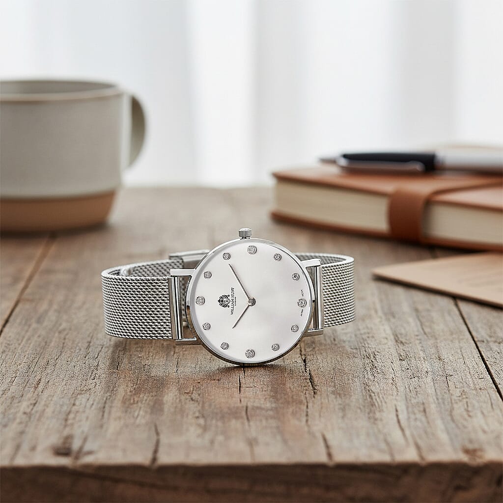 WILLIAM HUNT Limited Edition 5ATM Water Resistant Moissanite Watch - 36mm Dial With Milanese Strap - White